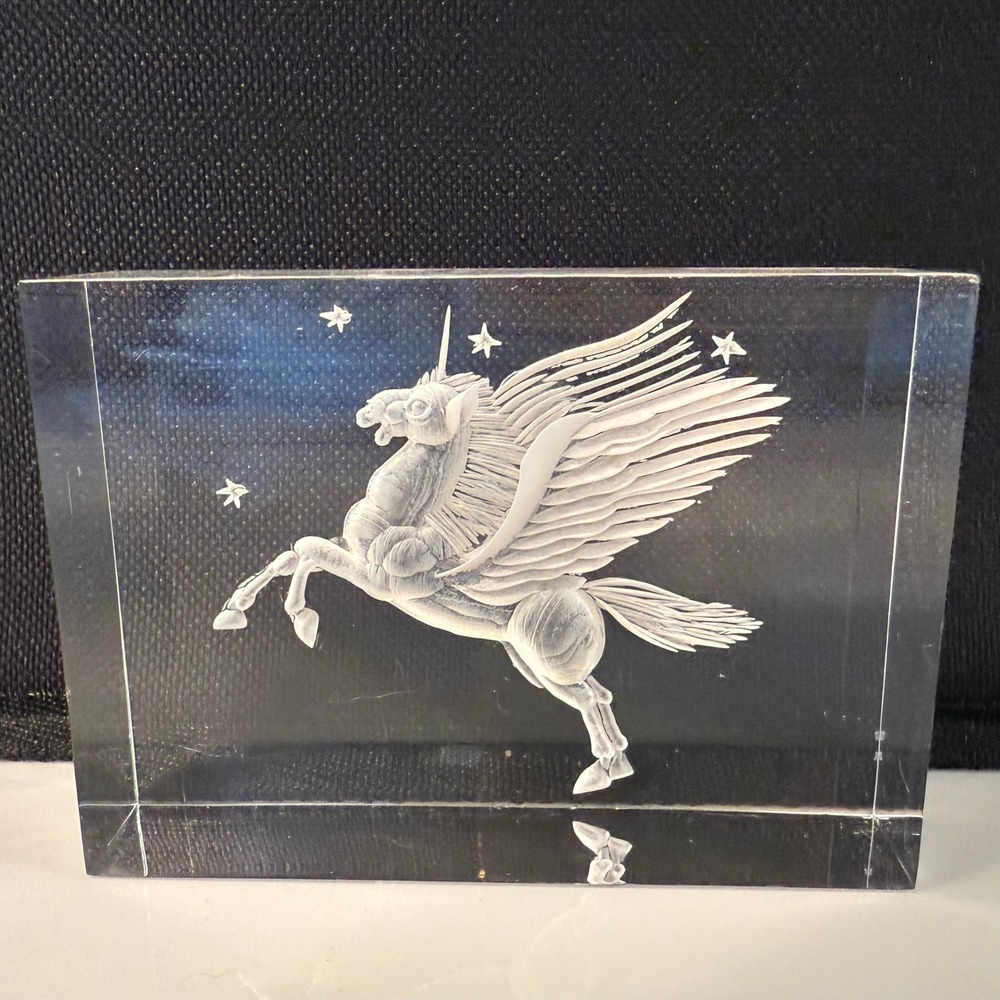 UNICORN PEGASUS Laser Etched Glass Acrylic Paperweight Figurine Mythical 3.5"